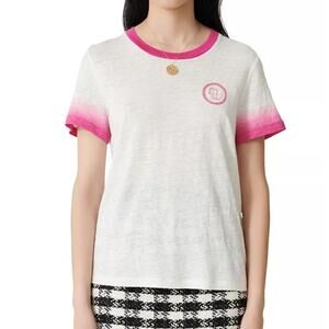 MAJE Embroidered-Logo Ombre Linen T-Shirt Crewneck Pullover White Pink Size 1